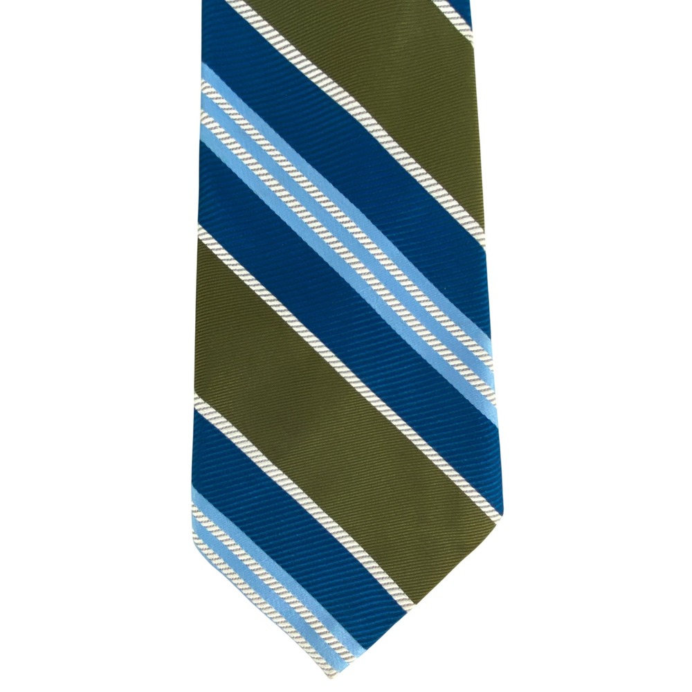 VTG Rikes Mens Store Olive Green Blue Stripe Tie 70's Repp Silk Poly Mod 53x4